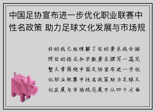 中国足协宣布进一步优化职业联赛中性名政策 助力足球文化发展与市场规范