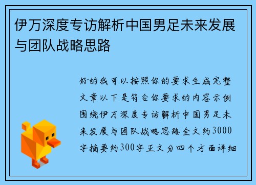 伊万深度专访解析中国男足未来发展与团队战略思路
